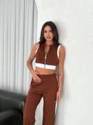 Osy Modal Yumuşak Dokulu Kumaş Tam Fermuarlı Crop Pantalon İkili Takım - Kahverengi resmi